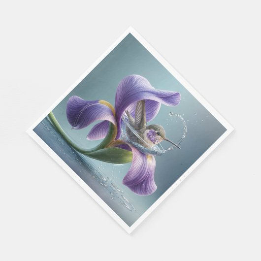 Serviette En Papier Colibri Se Baigner Dans Une Fleur D'Iris (Coin)