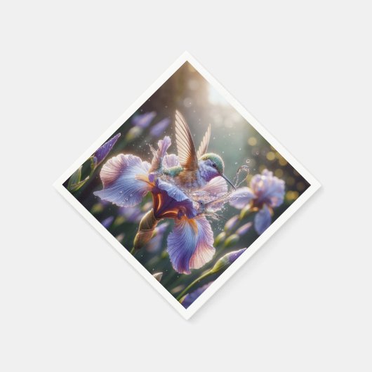 Serviette En Papier Colibri S'Éclaboussant Dans Un Iris (Coin)