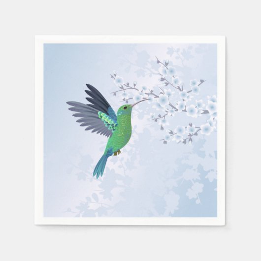 Serviette En Papier Colibri Vert Avec Fleur De Cerisier Bleu (Devant)