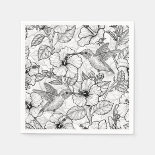 Serviette En Papier Colibris et fleurs d'hibiscus b&w