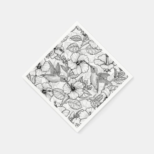 Serviette En Papier Colibris et fleurs d'hibiscus b&w (Coin)