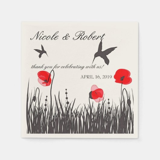 Serviette En Papier Colibris silhouettés et coquelicots rouges personn (Devant)