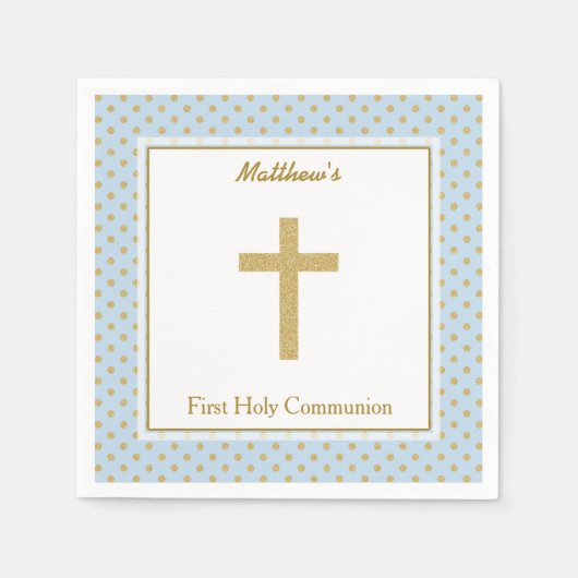 Serviette En Papier Communion bleu avec Pois d'or (Devant)