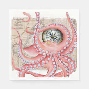 Serviette En Papier Compas Carte Vintage de pieuvre rouge