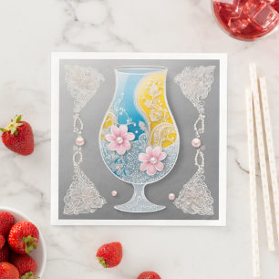 Serviette En Papier Conception d'art en verre floral gris et rose par
