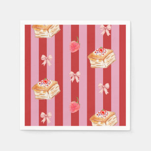 Serviette En Papier Conception rayée rose et rouge avec motif de gâtea