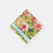 Serviette En Papier Cône Fleurs Roses Feuilles Vertes Nom Personnalisé (Coin)