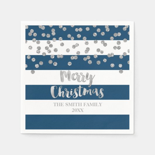 Serviette En Papier Confetti d'argent bleu Joyeux Napkin de Noël (Devant)