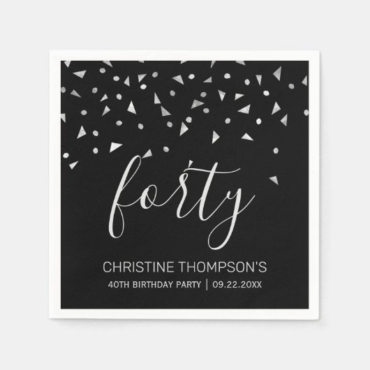 Serviette En Papier Confetti d'argent sur Black 40th Birthday Party (Devant)