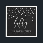 Serviette En Papier Confetti d'argent sur Black 50th Birthday Party<br><div class="desc">Aidez-les à fêter leur 50ème anniversaire dans le style avec ce design simple mais élégant, avec des confettis triangulaires faux en argent sifting down sur le mot "cinquante" en gris clair police d'écriture sur un arrière - plan noir. Personnalisez-le avec le nom de l'honoré dans la police gris clair sans...</div>