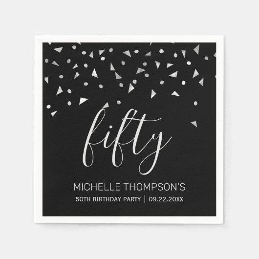 Serviette En Papier Confetti d'argent sur Black 50th Birthday Party (Devant)