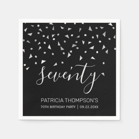 Serviette En Papier Confetti d'argent sur Black 70th Birthday Party (Devant)