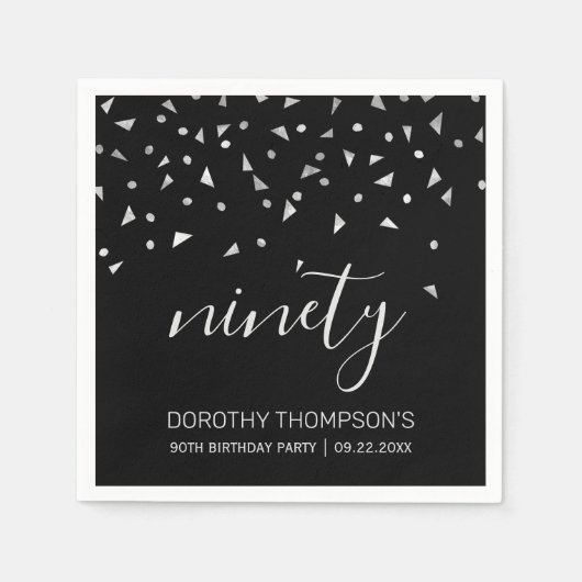 Serviette En Papier Confetti d'argent sur Black 90th Birthday Party (Devant)