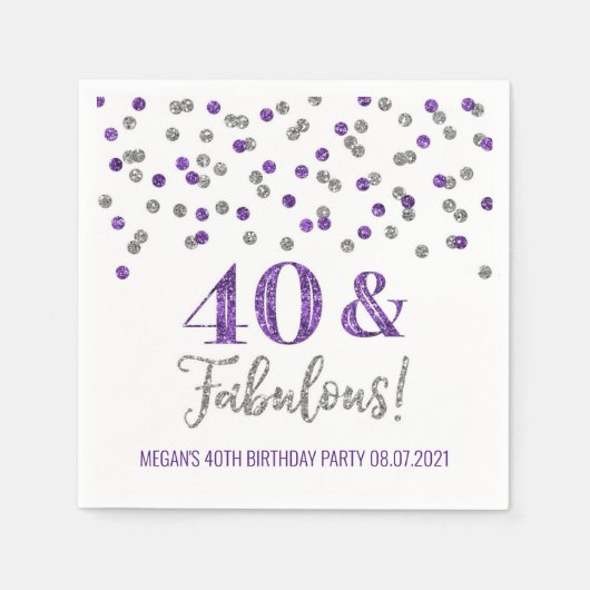 Serviette En Papier Confetti d'Argent Violet 40 & Fabuleux anniversair (Devant)