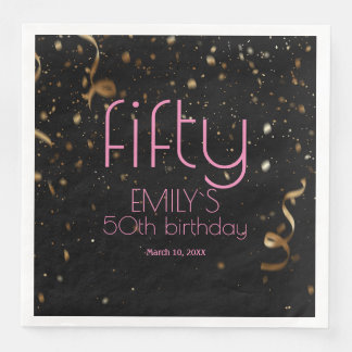 Serviette En Papier Confetti d'or noir moderne 50e anniversaire