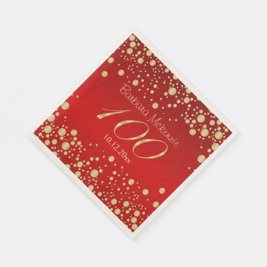 Serviette En Papier Confetti d'or sur rouge 100e fête d'anniversaire (Coin)