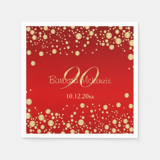 Serviette En Papier Confetti d'or sur rouge 90ème anniversaire (Devant)