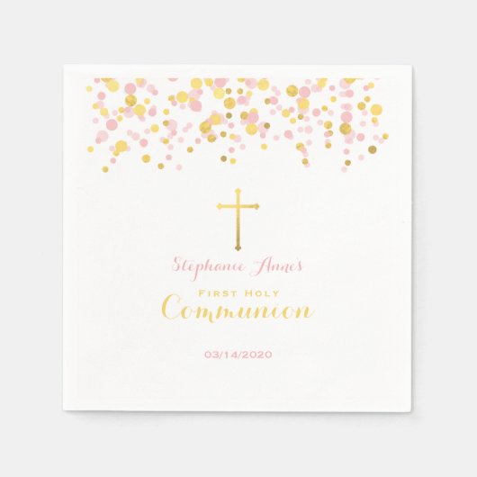 Serviette En Papier Confetti rose et or communion (Devant)