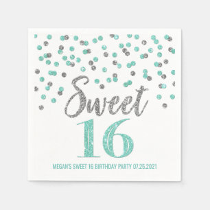 Serviette En Papier Confetti sucré d'argent turquoise 16 ans