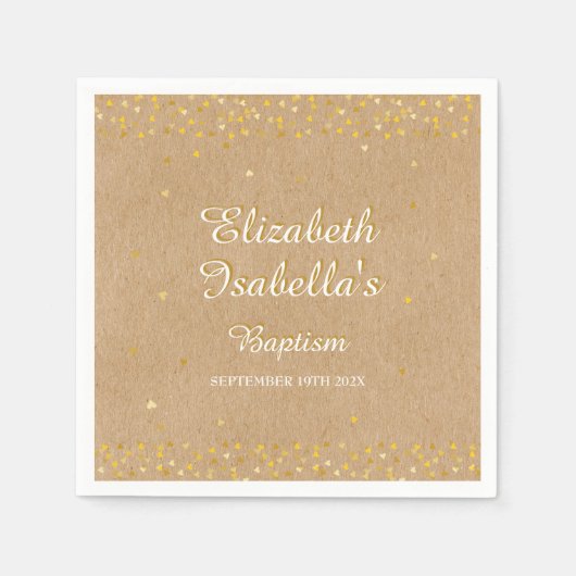 Serviette En Papier Confettis de cœurs dorés rustiques Baptême Christe (Devant)