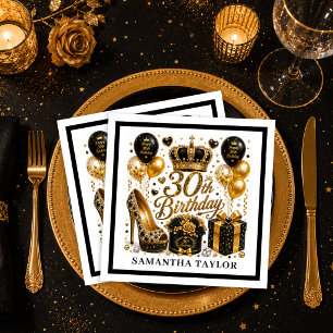 Serviette En Papier Confettis Luxe Pailletés Or Et Noir 30 Ans Nappe