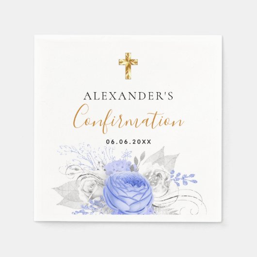 Serviette En Papier Confirmation bleu floral blanc nom garçon gars (Devant)