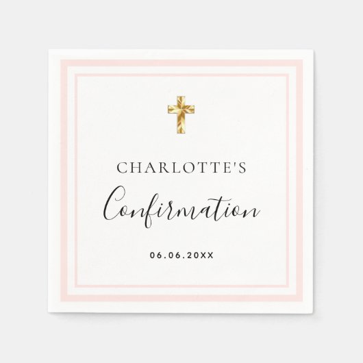 Serviette En Papier Confirmation blush rose or blanc nom fille (Devant)