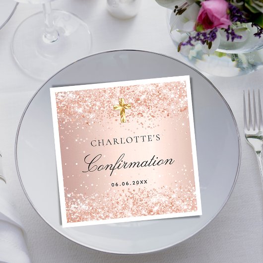 Serviette En Papier Confirmation blush rose or parties scintillant nom
