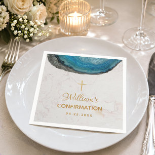 Serviette En Papier Confirmation Boy Blue Geode Croix Or Marbre