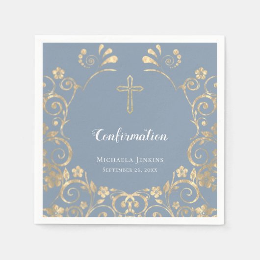 Serviette En Papier Confirmation élégante Dusty Blue et Gold (Devant)