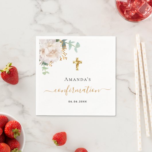 Serviette En Papier Confirmation eucalyptus blanc rose or (En situation)