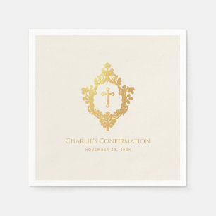 Serviette En Papier Confirmation Faux Gold Cross Crest Ivory Religieux