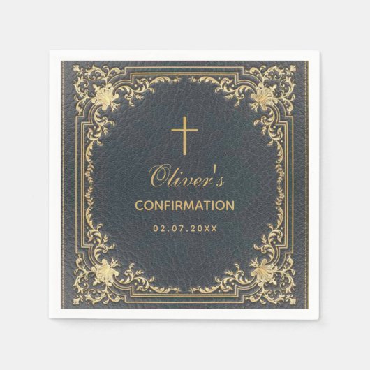 Serviette En Papier Confirmation Garçon Bleu Élégant Calligraphie Vint (Devant)