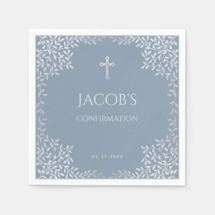Serviette En Papier Confirmation Garçon Dusty Bleu Élégant Feuilles d'