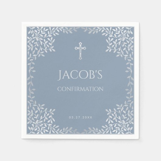 Serviette En Papier Confirmation Garçon Dusty Bleu Élégant Feuilles d' (Devant)