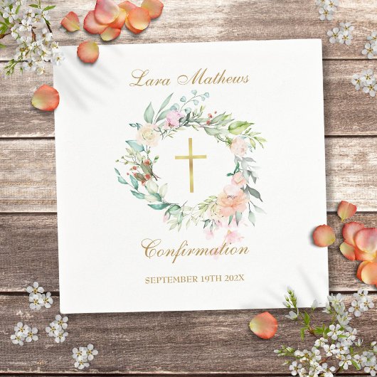 Serviette En Papier Confirmation Gold Cross Floral Garland