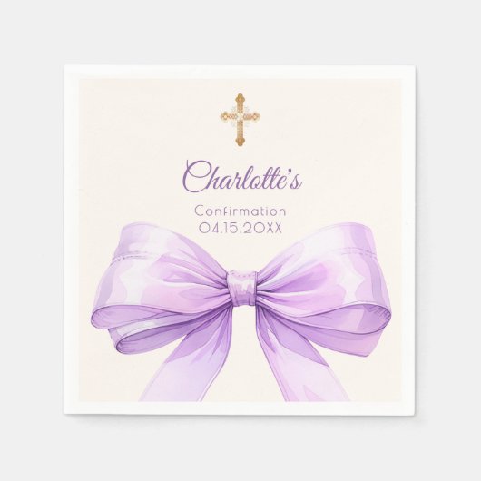 Serviette En Papier Confirmation lavender bow cream cross (Devant)