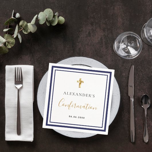 Serviette En Papier Confirmation marine bleu nom blanc garçon gars