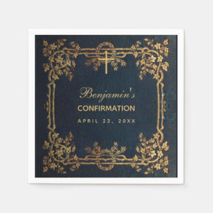 Serviette En Papier Confirmation Marine Blue Gold Vines Vintage Élégan