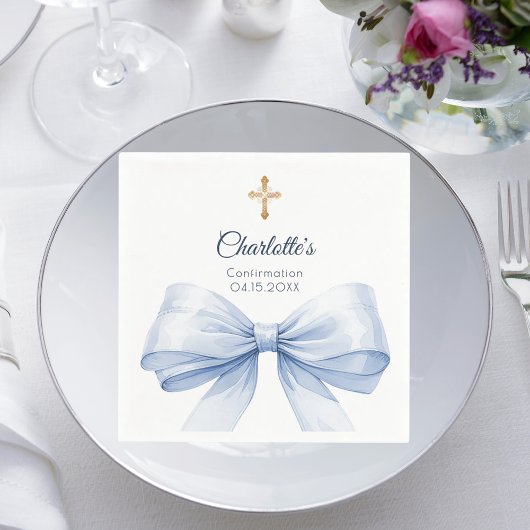 Serviette En Papier Confirmation ruban bleu clair croix déjeuner