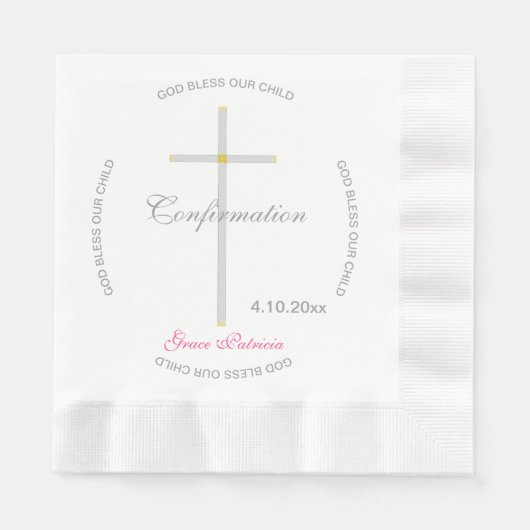 Serviette En Papier Confirmation Silver Cross Girl Pink Nom (Devant)