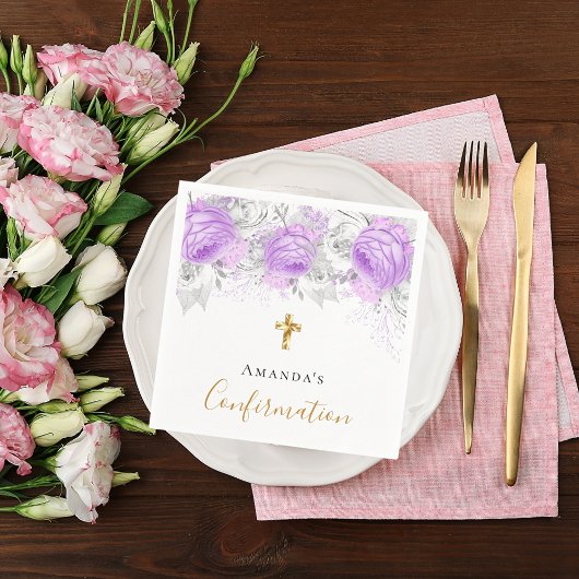 Serviette En Papier Confirmation violet violet fleuri blanc nom fille