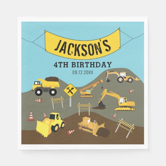 Serviette En Papier Construction Camions Thème du site Anniversaire Fê (Devant)