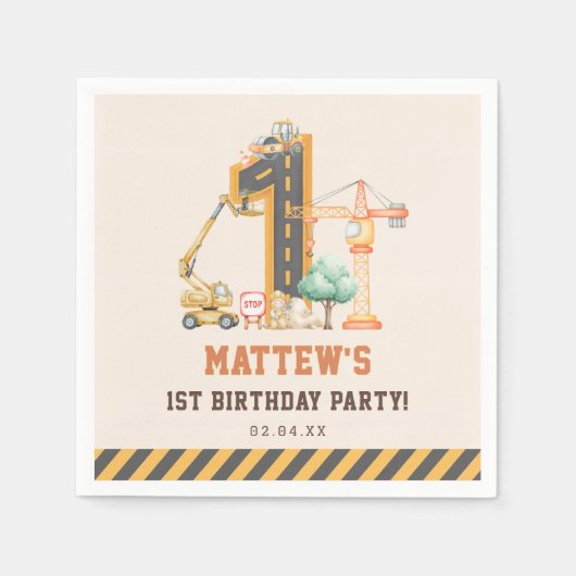 Serviette En Papier Construction Vehicle Backhoe Birthday Party (Devant)