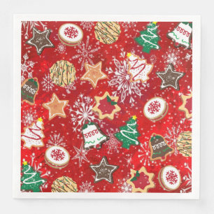 Serviette En Papier Cookies de Noël et flocons de neige sur fond rouge