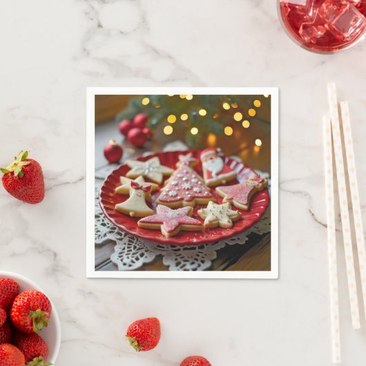 Serviette En Papier Cookies de Noël sur une plaque rouge (En situation)