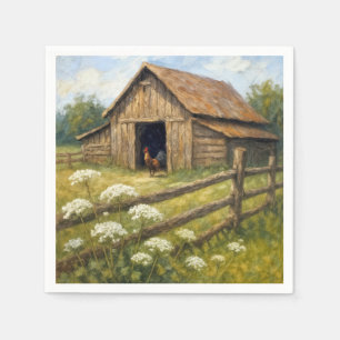 Serviette En Papier Coq dans une cour de ferme, peinture à l'huile