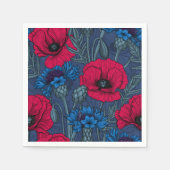 Serviette En Papier Coquelicots rouges et fleurs bleues sur bleu (Devant)
