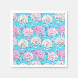 Serviette En Papier Coques de mer roses et blanches sur turquoise