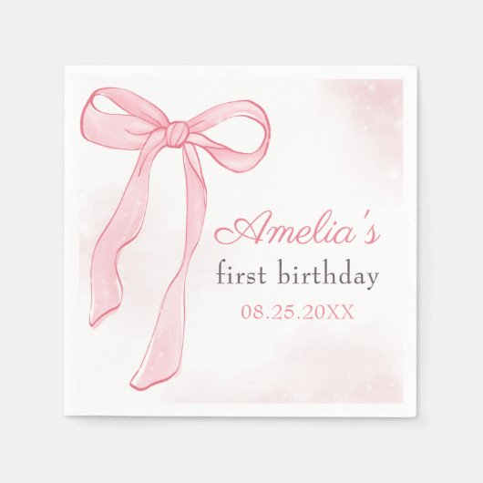 Serviette En Papier Coquette Aquarelle rose mignonne Bow Anniversaire (Devant)